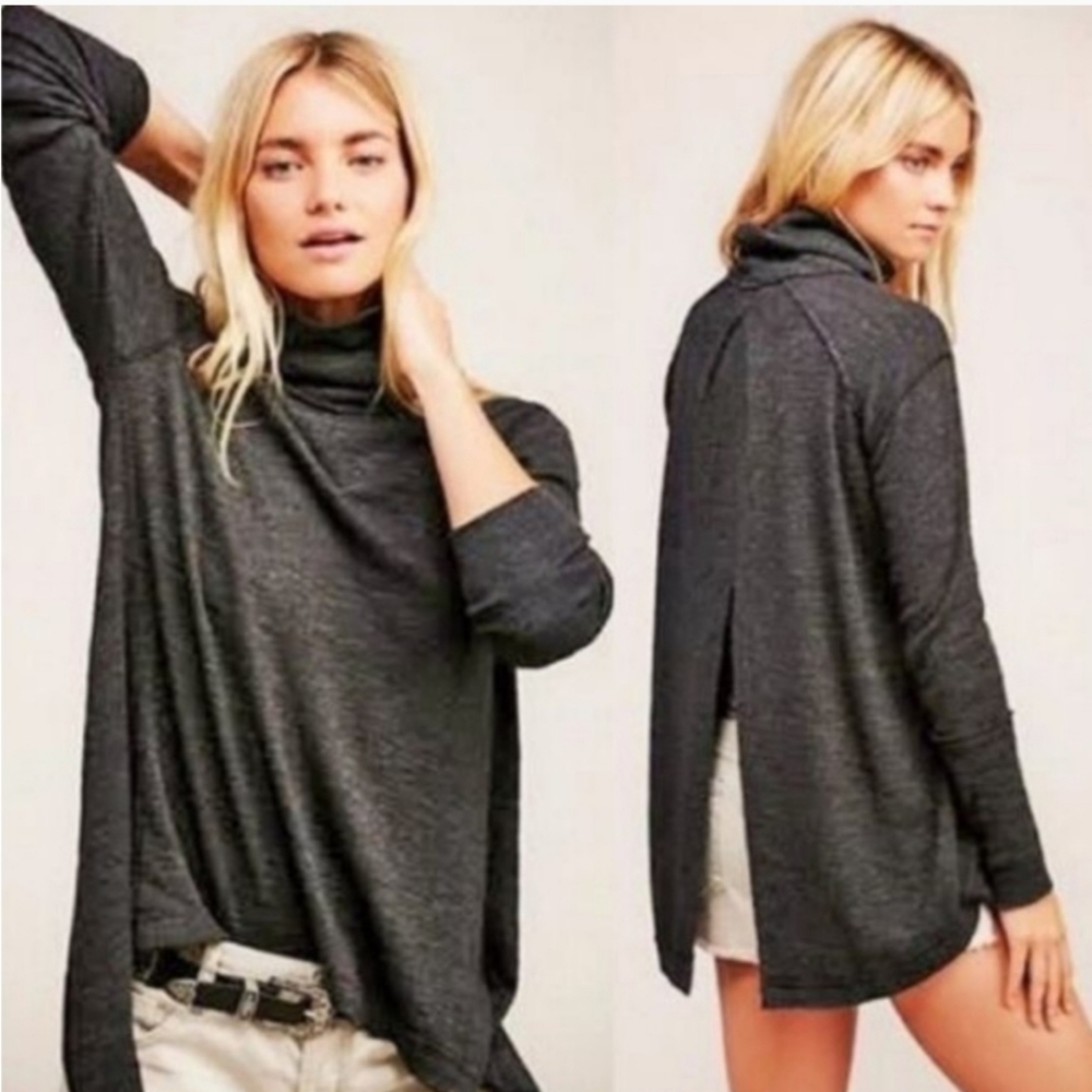 Free People Charcoal Split Back Cowl Turtleneck Long Sleeve